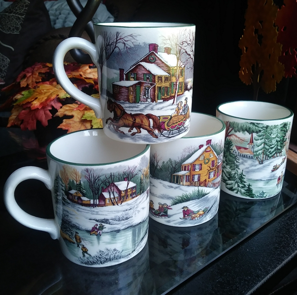 O'tannenbaum Vintage Christmas Winter Scenic Mug Set New